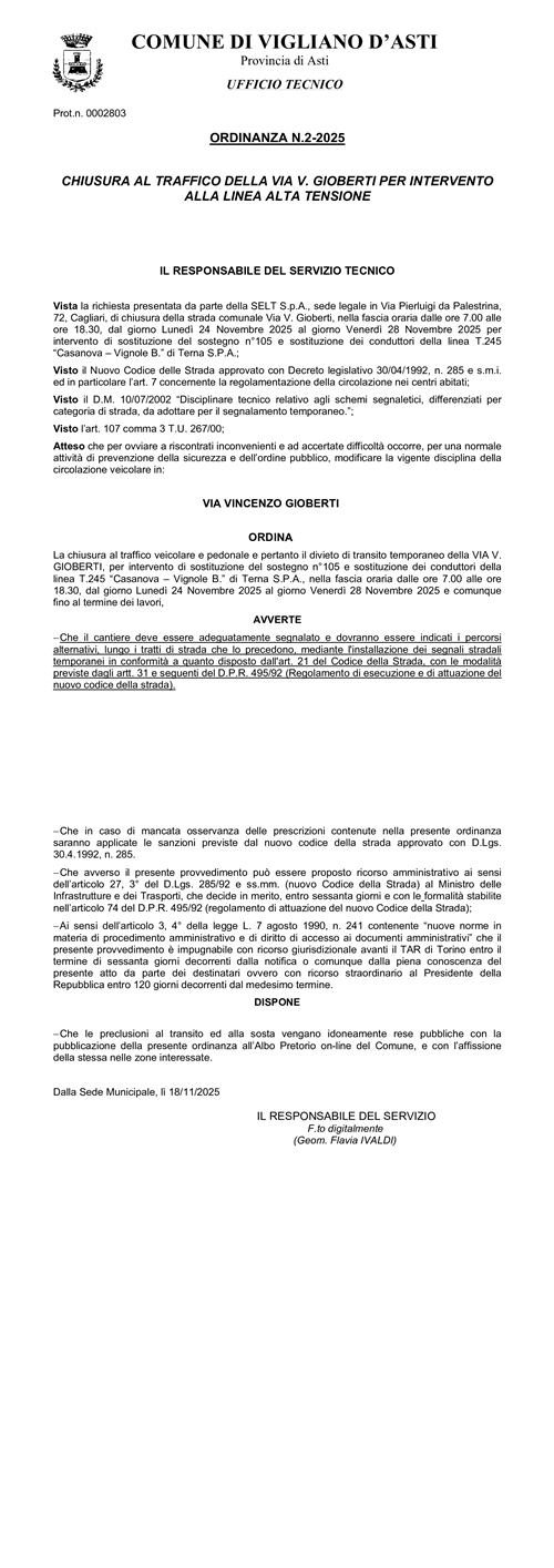 Chiusura via Gioberti per lavori linea elettrodotto.